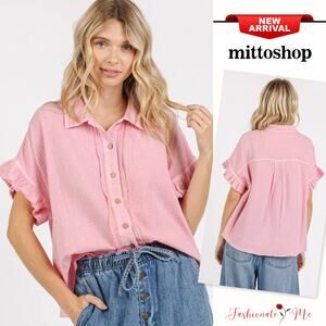 Mittoshop Mineral Wash Button Down Flounce Sleeves Loose Fit Shirt | Blush Pink